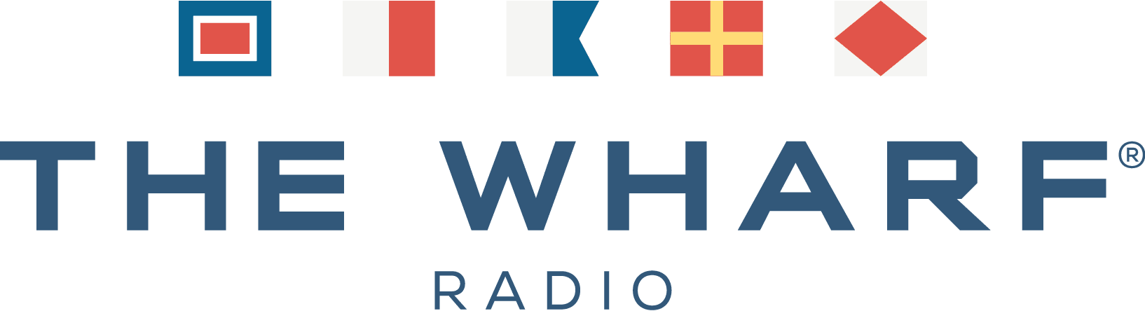 Brand logo for The Wharf Radio with five decorative square icons above the blue wordmark.